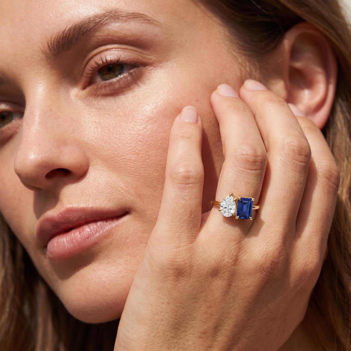 2.450 Cttw Octagon Morganite , Sapphire, Emerald and Lab Diamond 14K Yellow Gold Toi Et Moi Ring