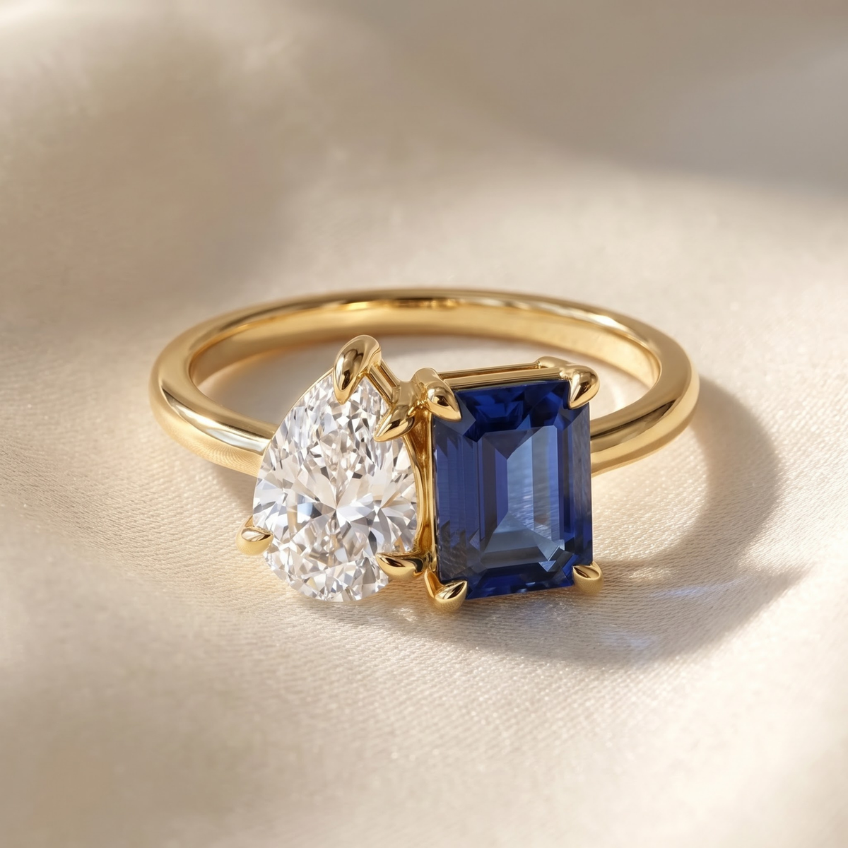 2.450 Cttw Octagon Morganite , Sapphire, Emerald and Lab Diamond 14K Yellow Gold Toi Et Moi Ring