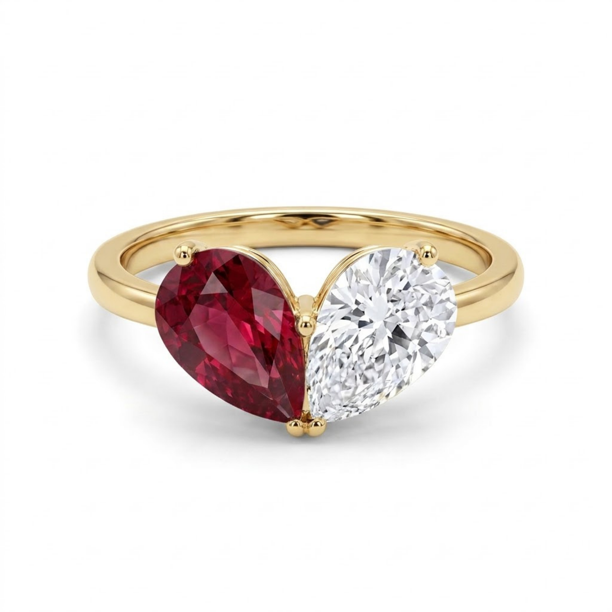 Toi et Moi Pear Shaped Emerald, Ruby, Sapphire and Lab Grown Diamond 14K Yellow Gold Two stone Ring