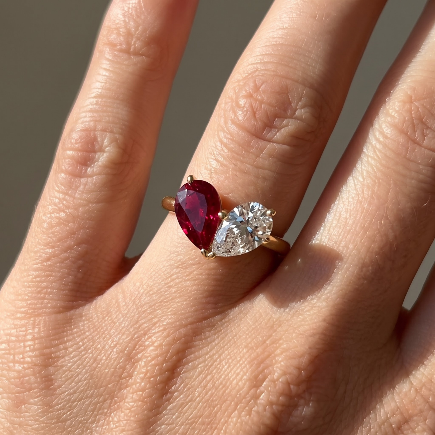 Toi et Moi Pear Shaped Emerald, Ruby, Sapphire and Lab Grown Diamond 14K Yellow Gold Two stone Ring