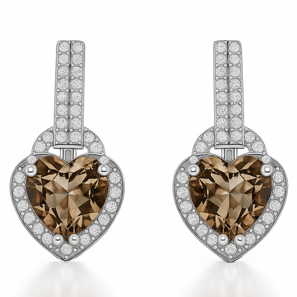 Natural Brown Quartz Heart Sterling Silver Earrings