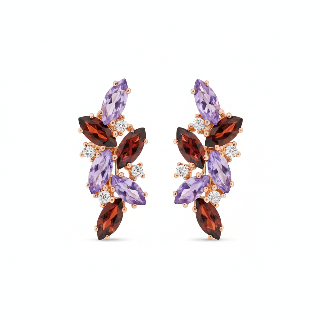 Natural Amethyst and Garnet Silver Cluster Earrings