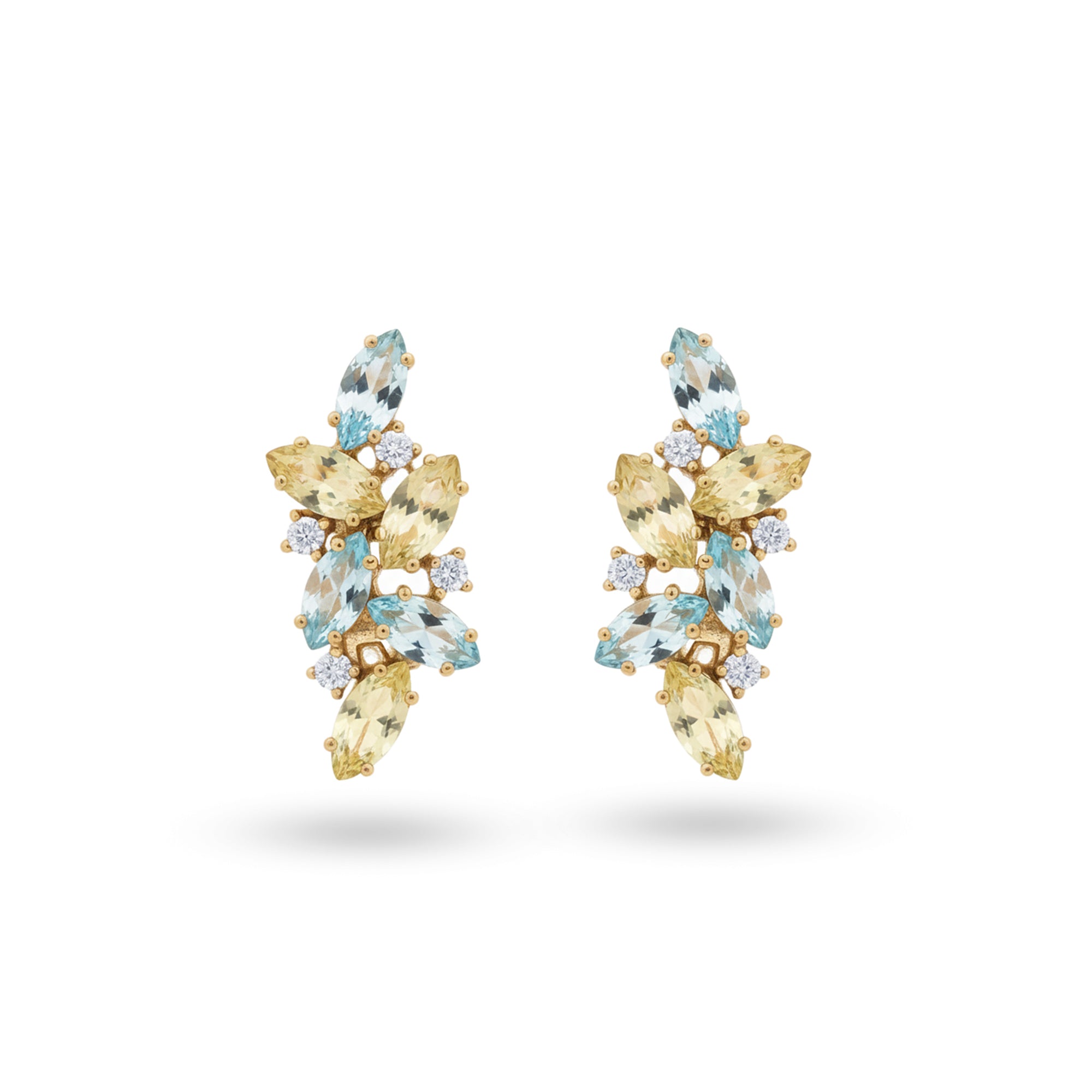 Natural Lemon Quartz and  Sky Blue Topaz Silver Cluster Earrings
