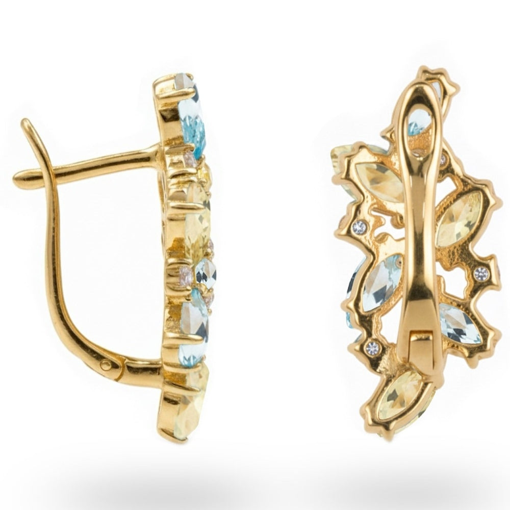 Natural Lemon Quartz and  Sky Blue Topaz Silver Cluster Earrings