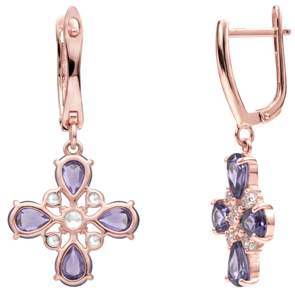 Purple Natural Amethyst Flower Silver Earrings