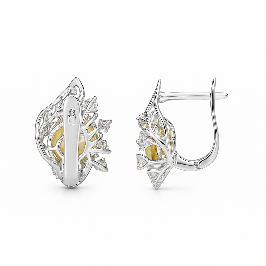 Yellow Natural Citrine Silver Floral Earrings