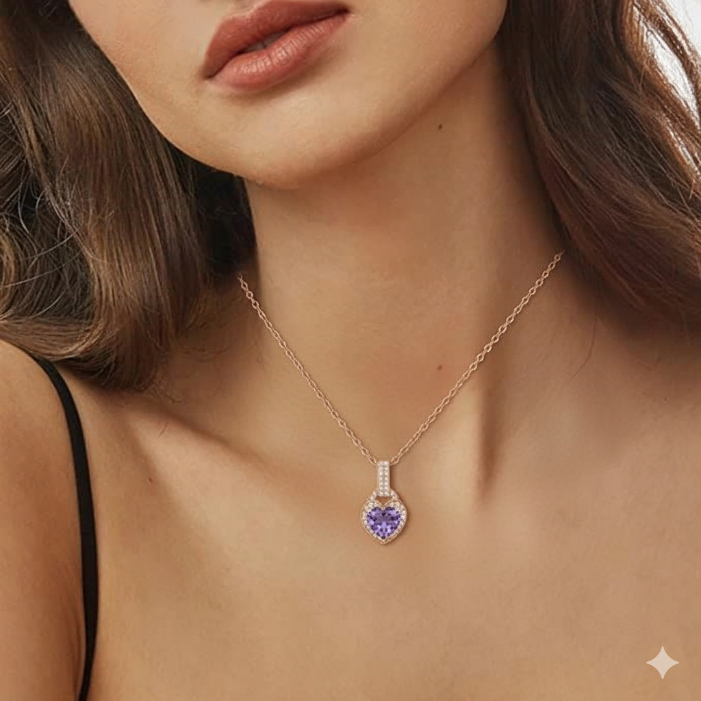 Natural Purple Amethyst Silver Heart Necklace