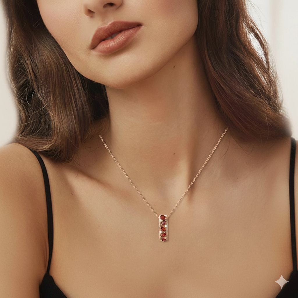 Natural Garnet Vertical Drop Pendant Necklace