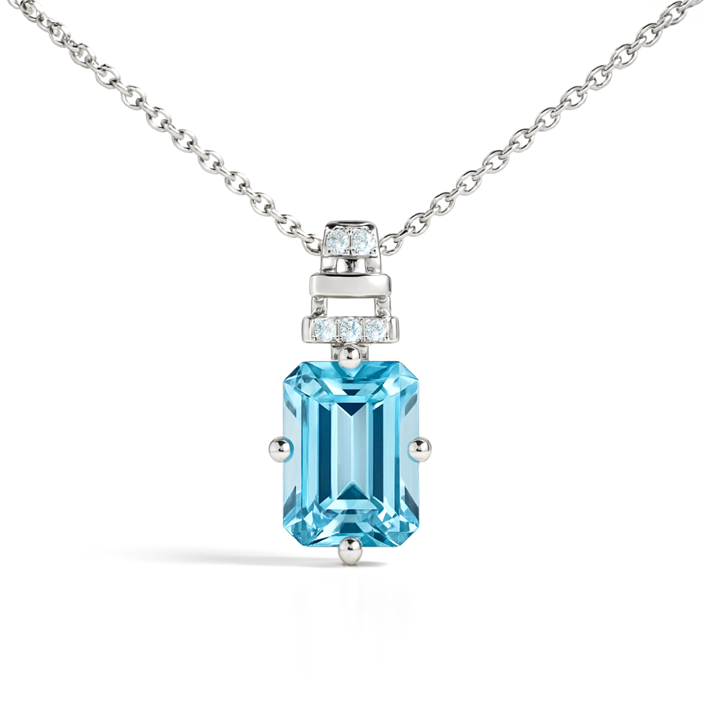 Natural Octagon Sky Blue Topaz Silver Necklace