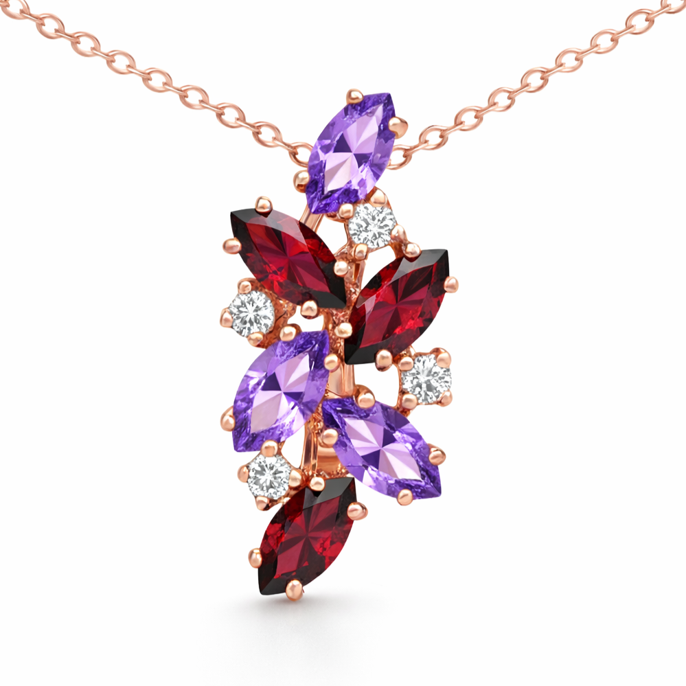 Natural Garnet & Amethyst Silver Cluster Pendant Necklace