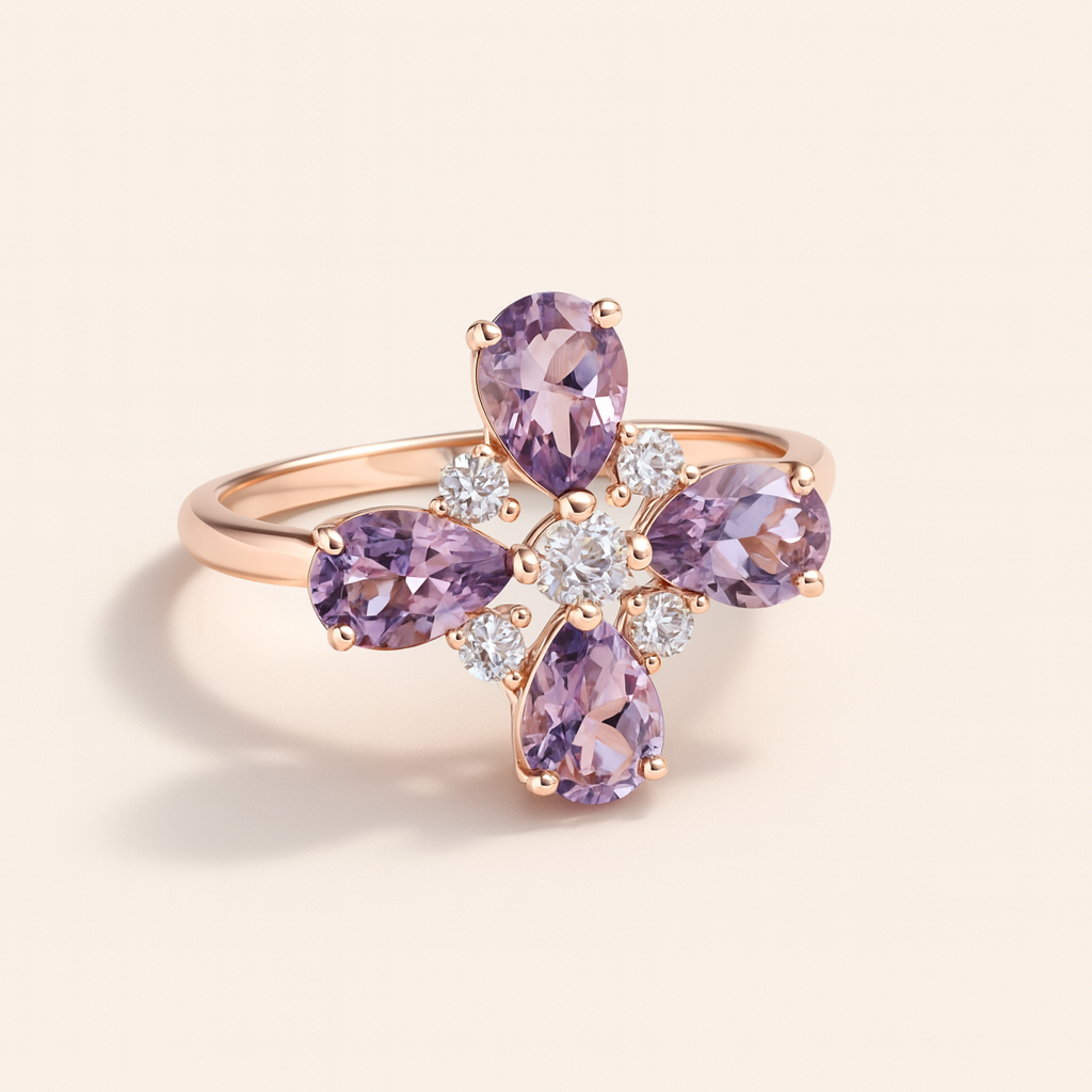 Natural Amethyst Four Leaf Clover Ring