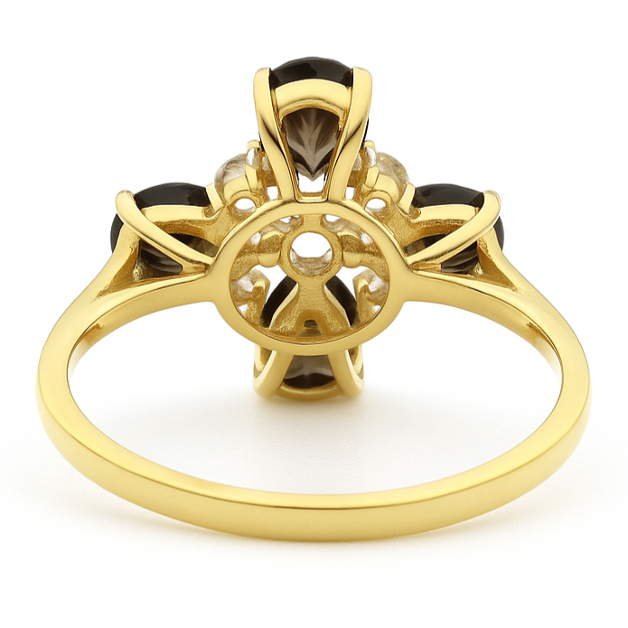 Natural Smoky Quartz Silver Leaf Clover Ring