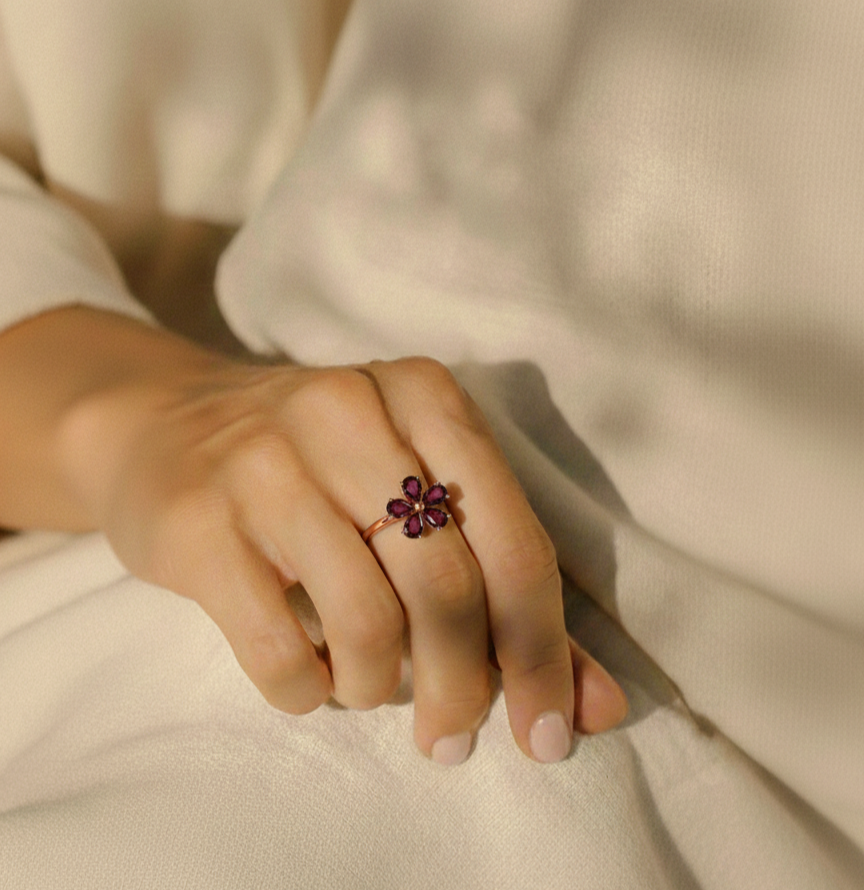 Natural Red Garnet Sterling Silver Flower Ring
