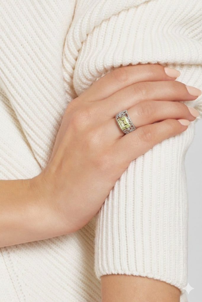 Emerald Cut Lemon Quartz Silver Filigree Ring