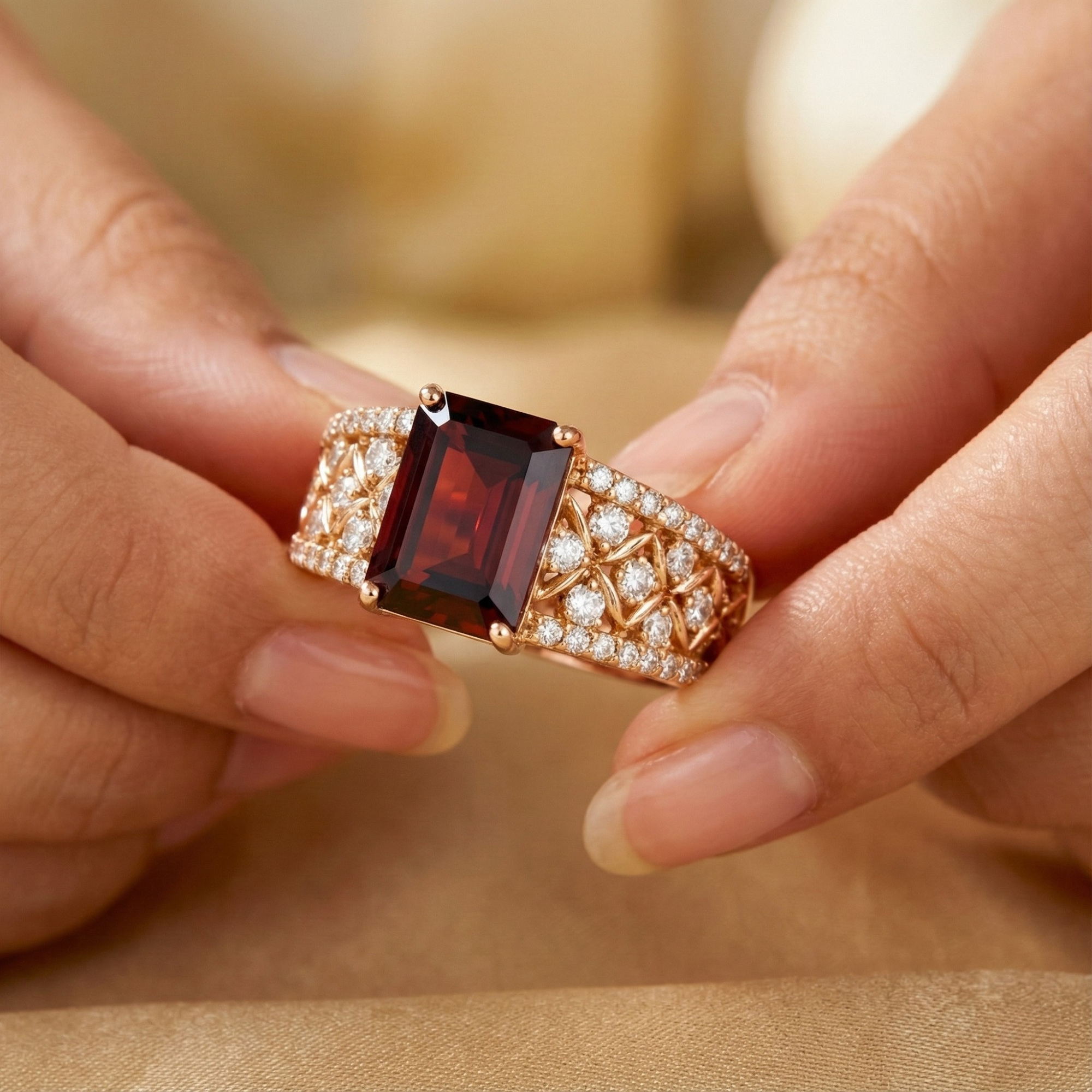 Emerald Cut Garnet and White Topaz Silver Ring