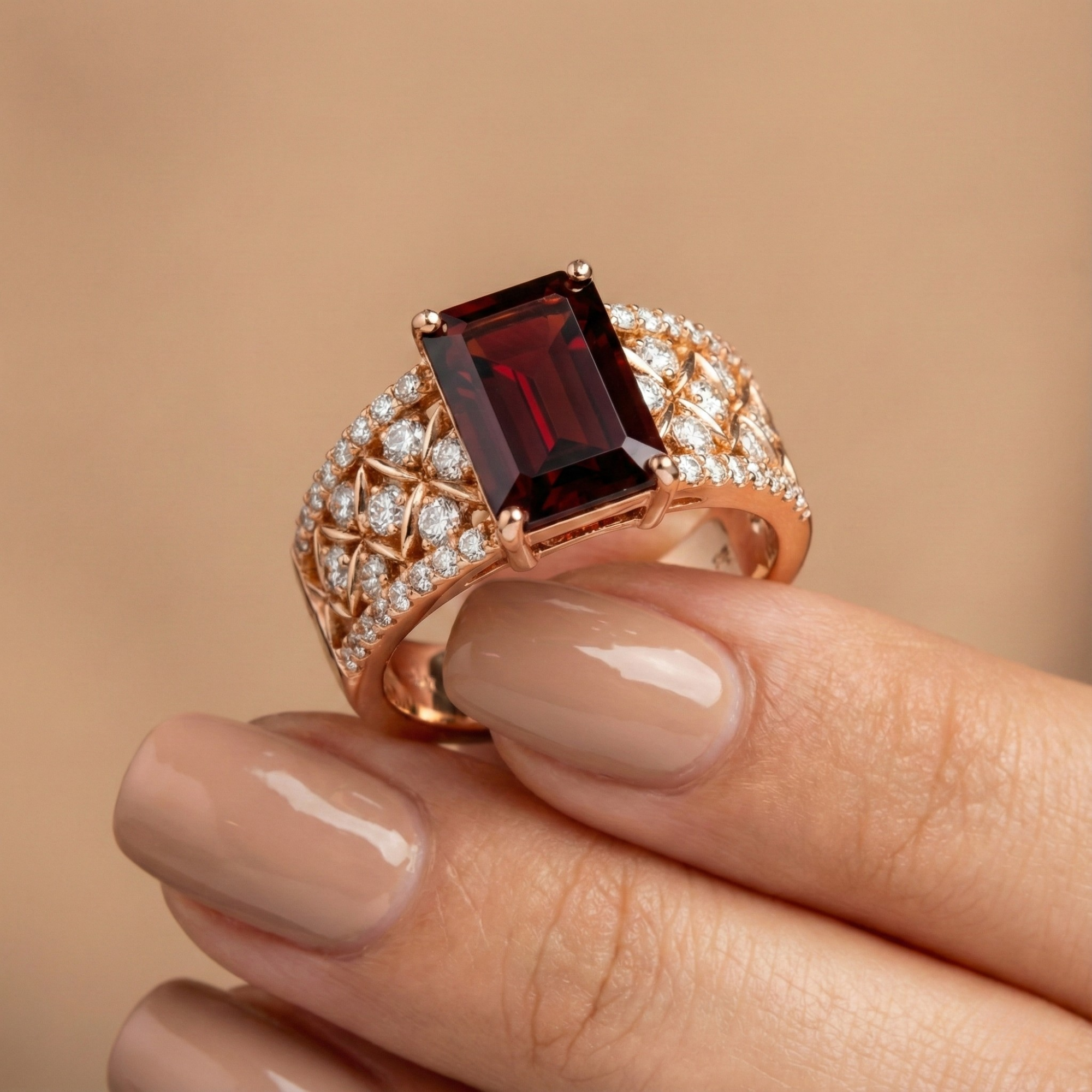 Emerald Cut Garnet and White Topaz Silver Ring