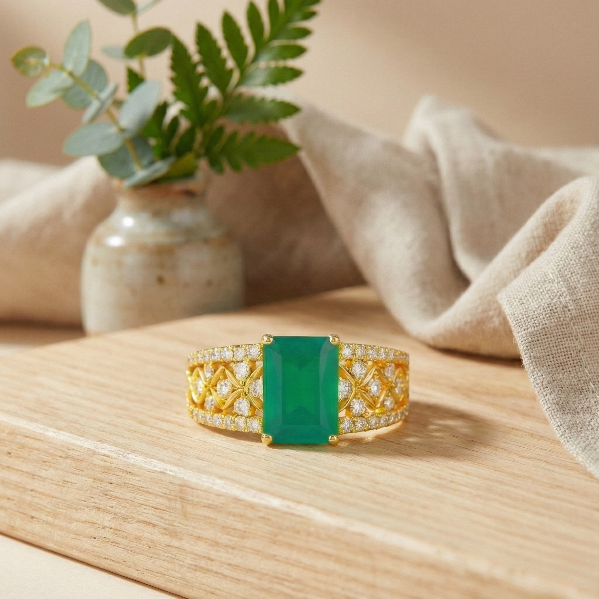 Emerald Cut Natural Green Agate Silver Statement Ring