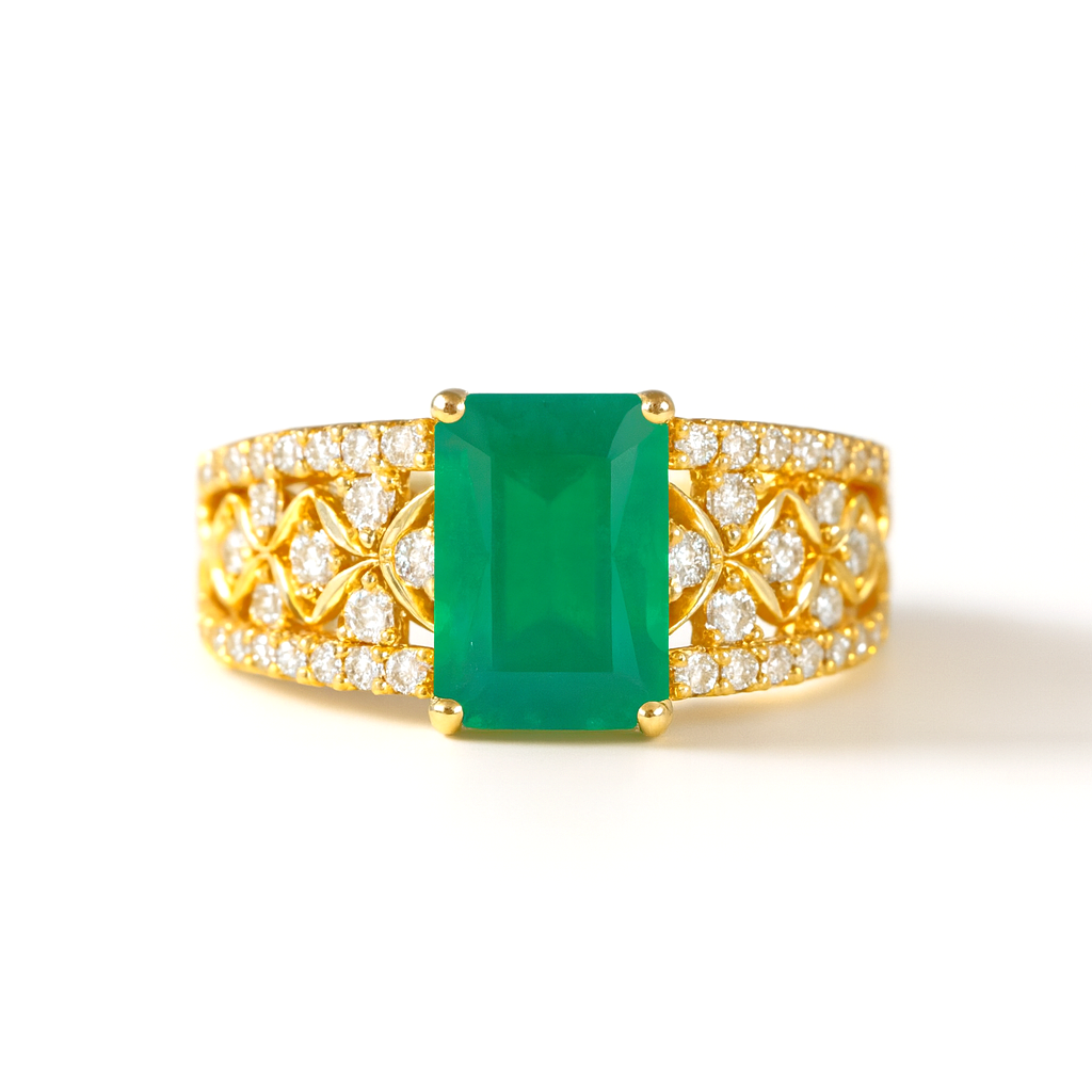 Emerald Cut Natural Green Agate Silver Statement Ring