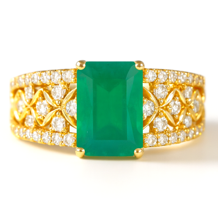 Emerald Cut Natural Green Agate Silver Statement Ring