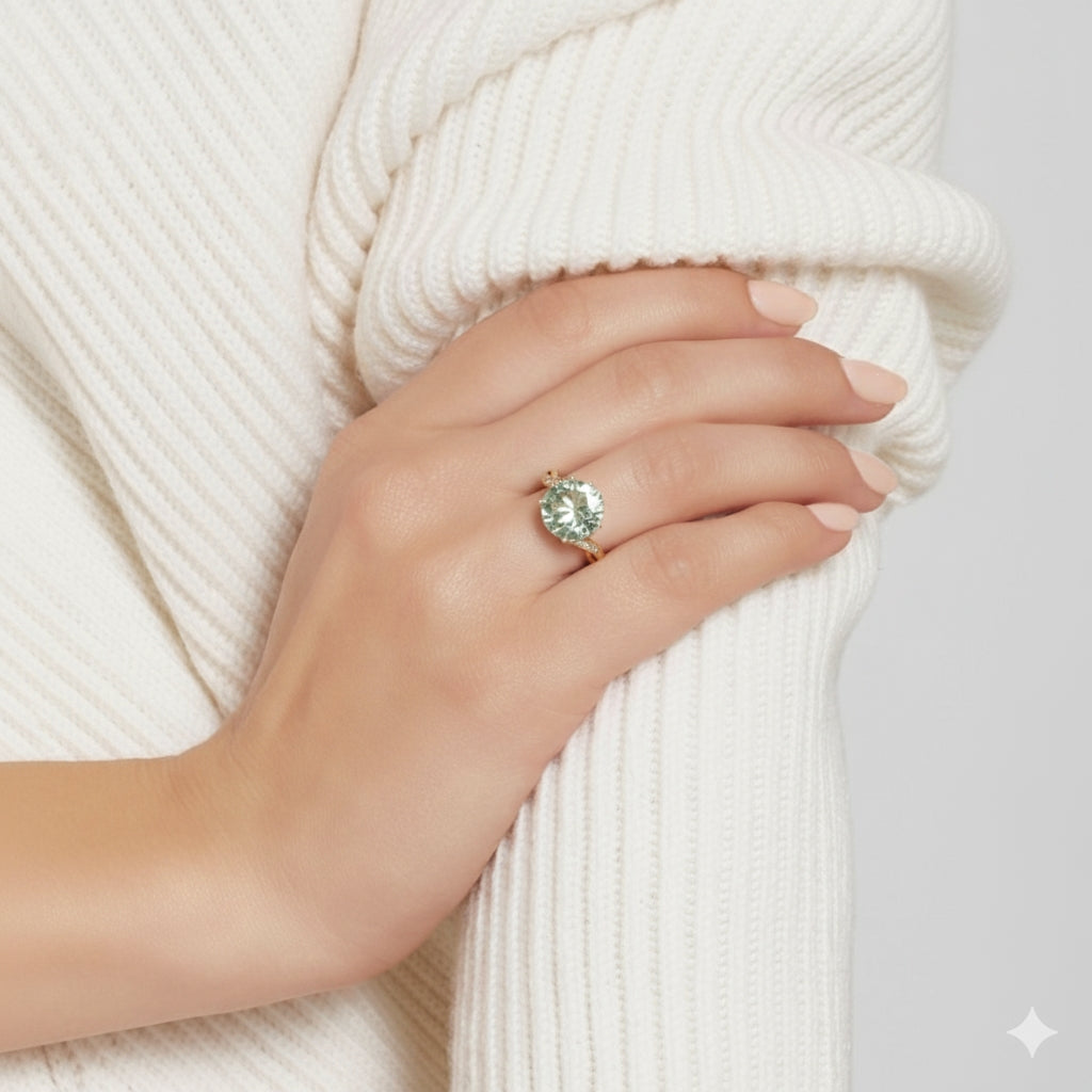 Natural Round Green Amethyst Silver Ring