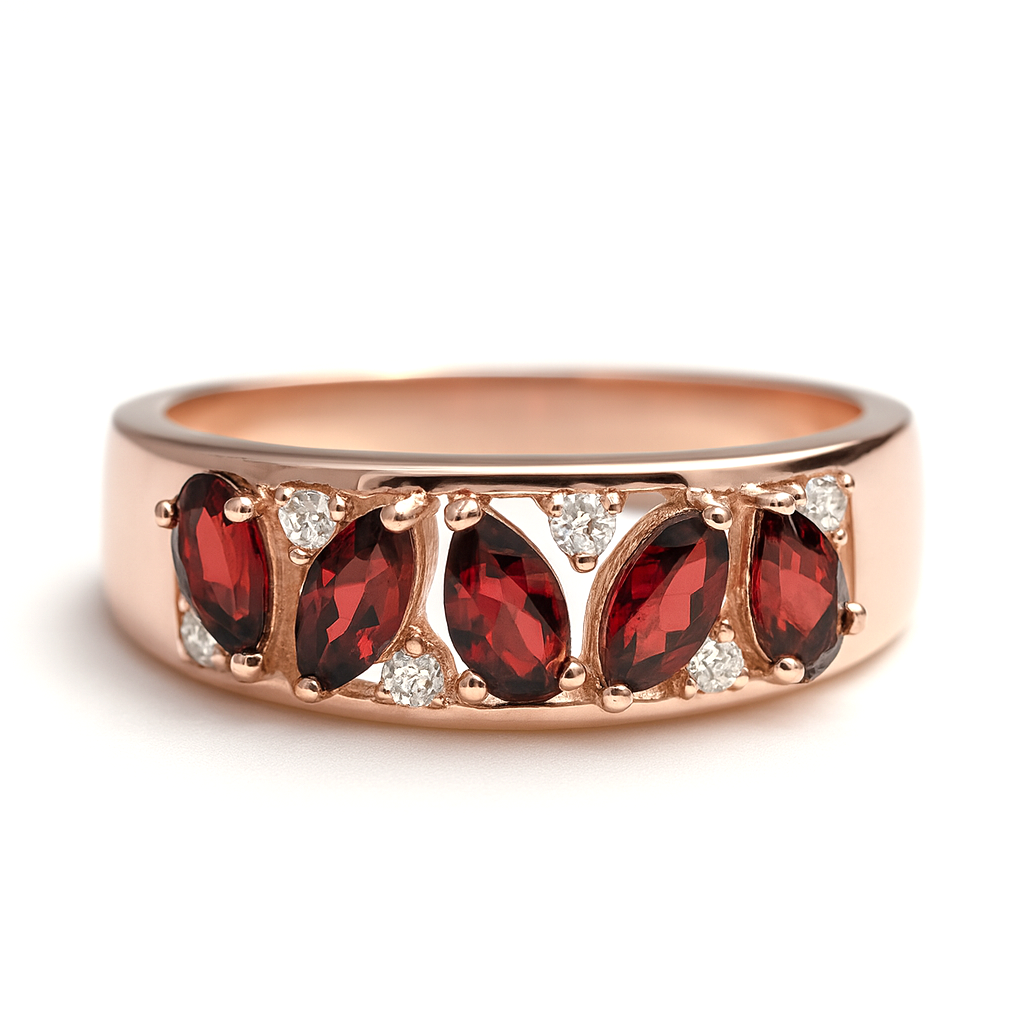 Natural Garnet Sterling Silver Leaf Band Ring