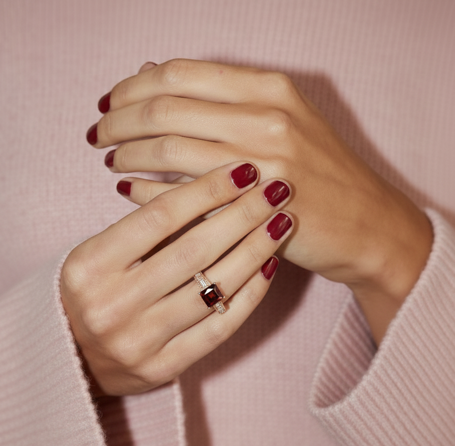 Natural Square Garnet Sterling Silver Ring