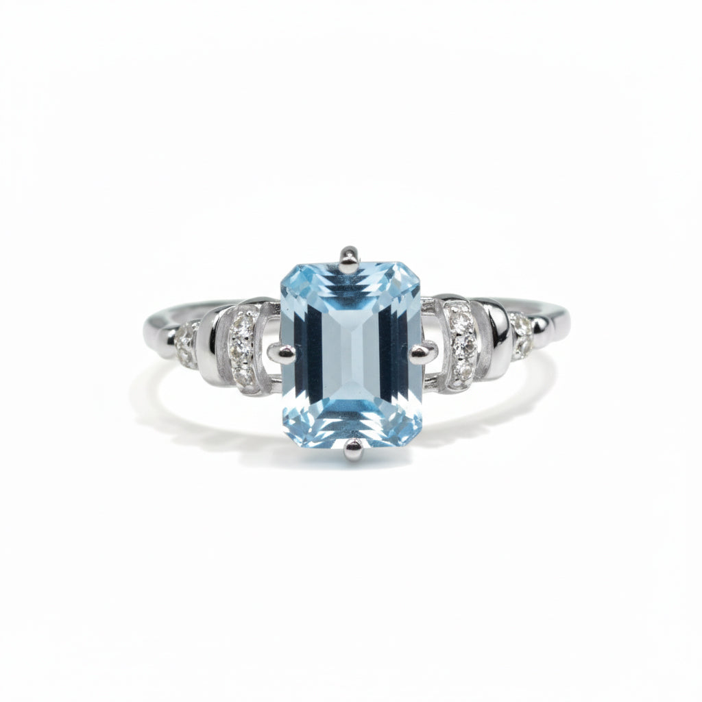Natural Sky Blue Topaz Octagon Sterling Silver Pave Ring