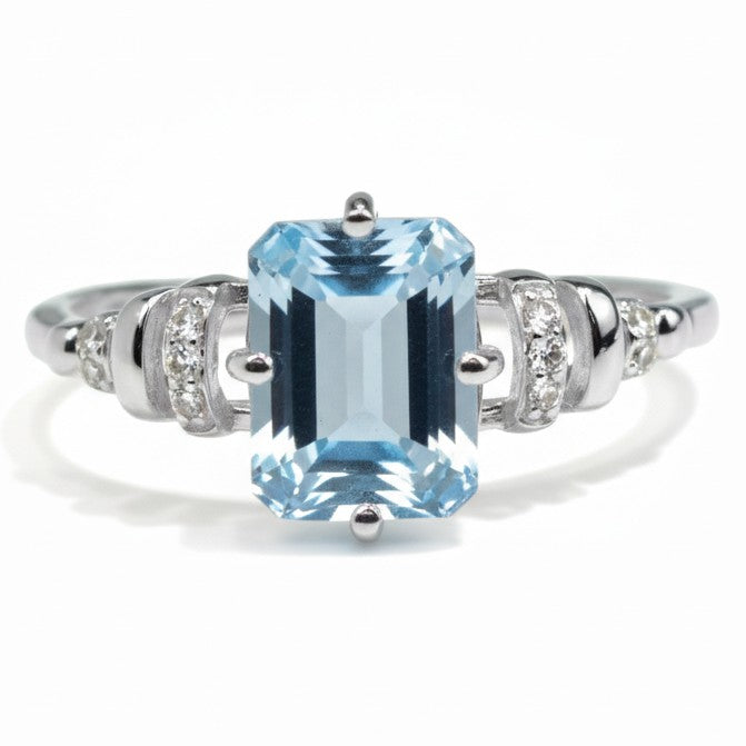 Natural Sky Blue Topaz Octagon Sterling Silver Pave Ring
