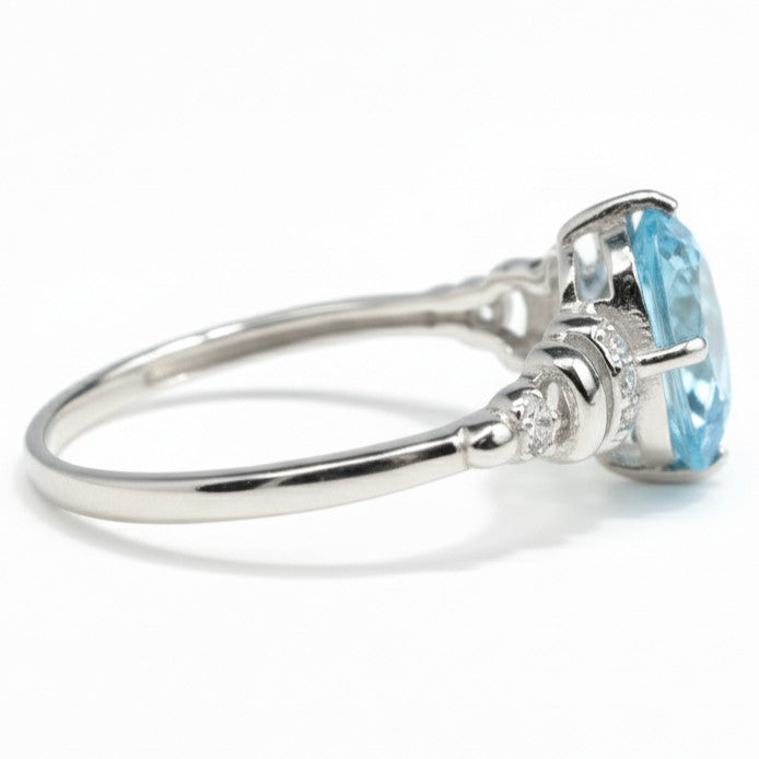 Natural Sky Blue Topaz Octagon Sterling Silver Pave Ring