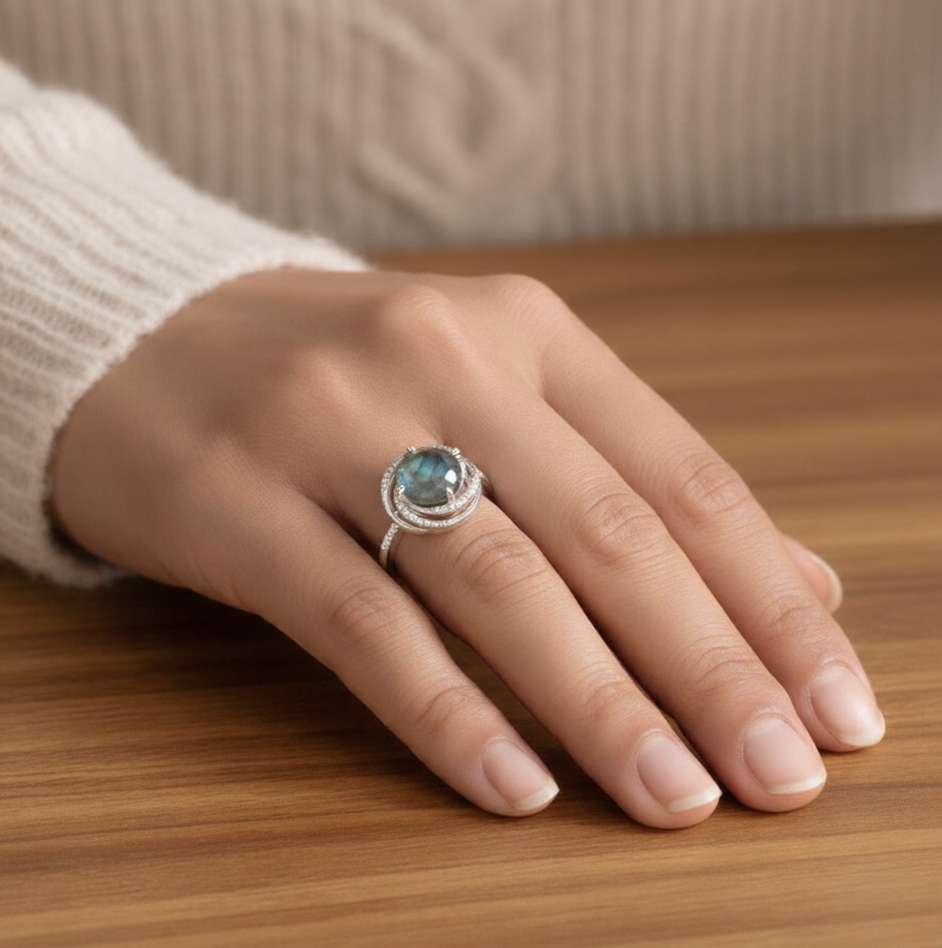 Natural Labradorite 925 Sterling Silver Statement Ring