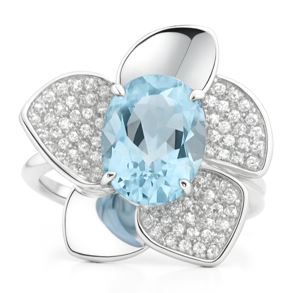 Natural Sky Blue Topaz Flower Ring Silver