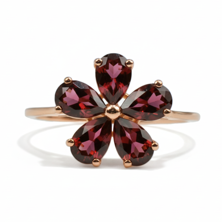Natural Red Garnet Sterling Silver Flower Ring