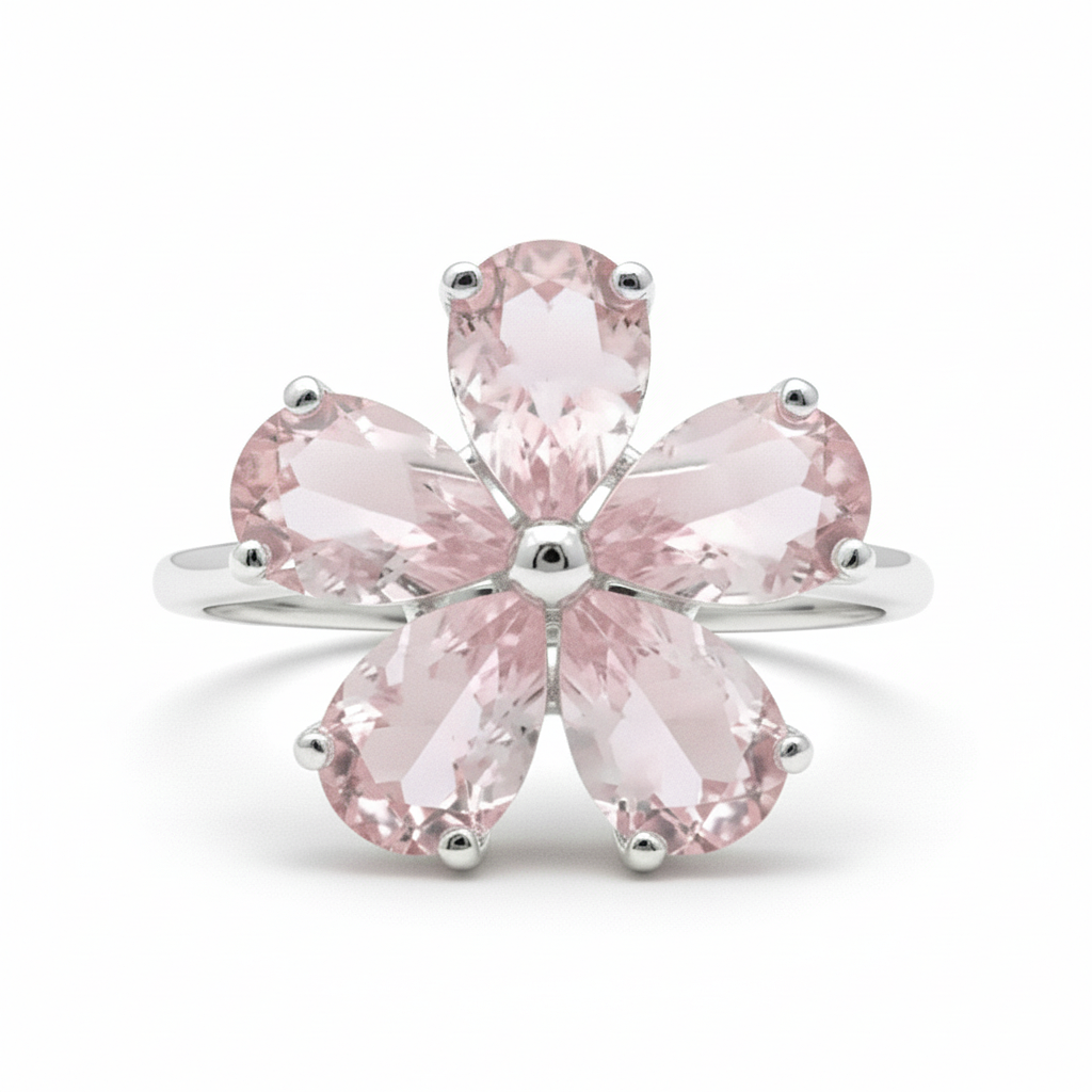 Natural Rose Quartz Sterling Silver Flower Ring