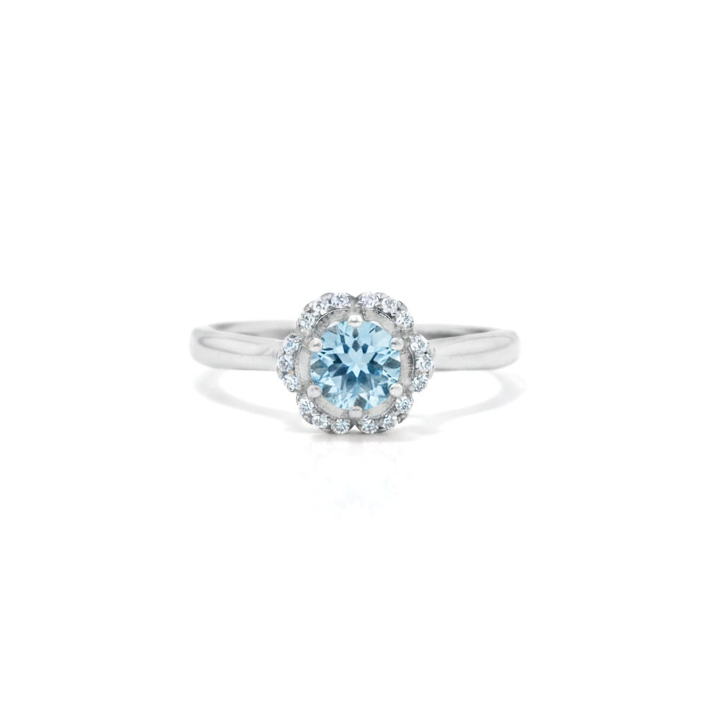 Natural Sky Blue Topaz Sterling Silver Floral Halo Ring