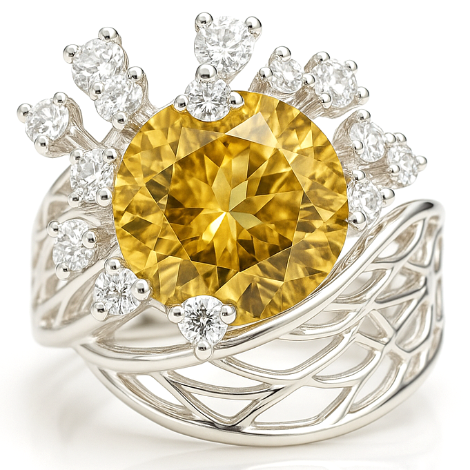 Natural Yellow Citrine Flower Silver Ring Fine Color Jewels