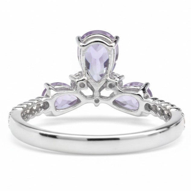 Natural Purple Amethyst Silver 3 Stone Ring