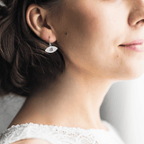 model showcasing Natural Amethyst Evil Eye Earrings Purple Amethyst Dangling Earrings Rhodium Plated Silver Earrings Gift for Her