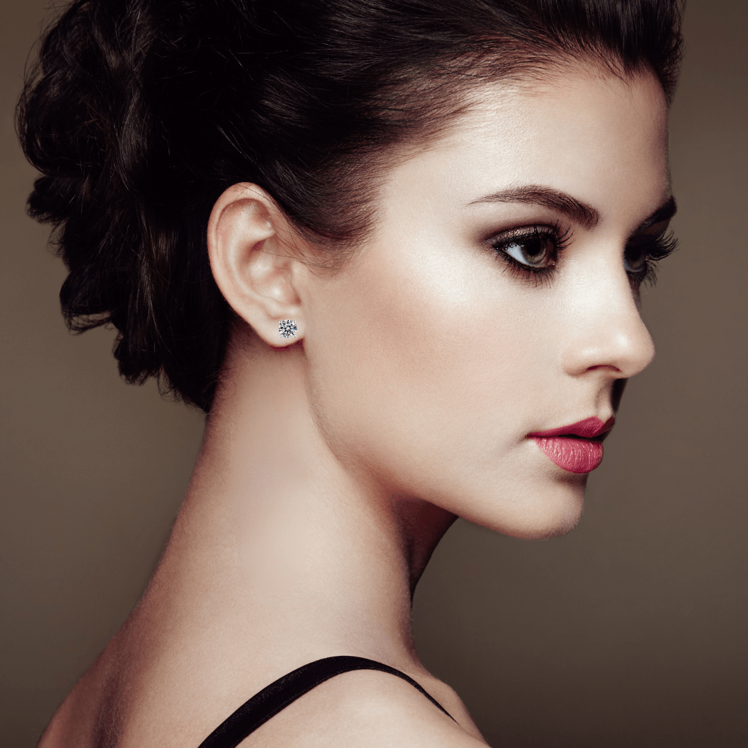Model showcasing white Moissanite Solitaire Studs Daily Wear Earrings
