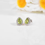 Natural Peridot Pear Shaped Halo Studs Earrings