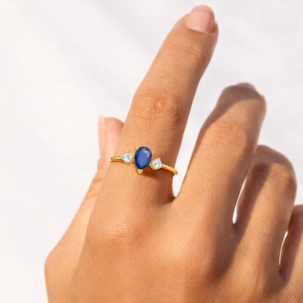 22k Gold Vermeil Three Stone Blue Sapphire Teardrop Ring