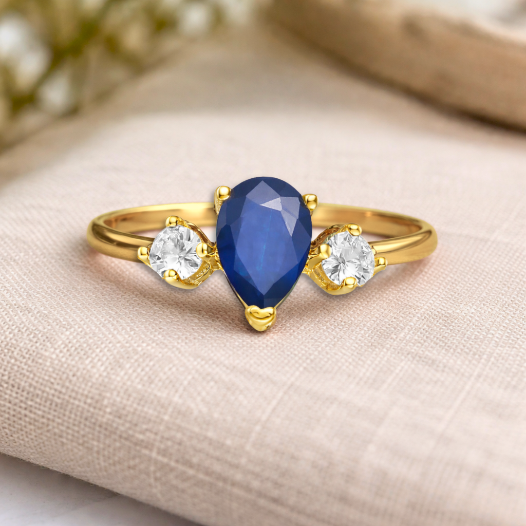 22k Gold Vermeil Three Stone Blue Sapphire Teardrop Ring Fine Color Jewels