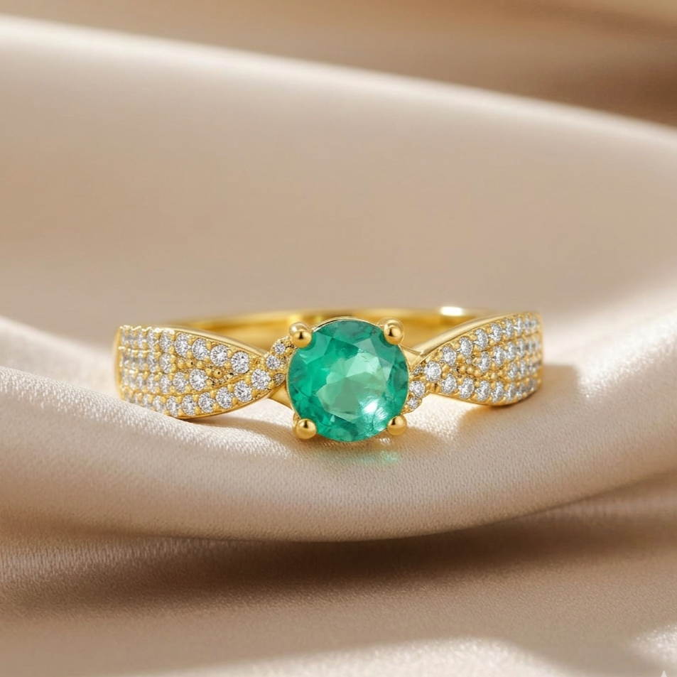 1.26 Ct Round Green Emerald and White Sapphire Prong 22K Gold Vermeil Pave Crossover Engagement Ring