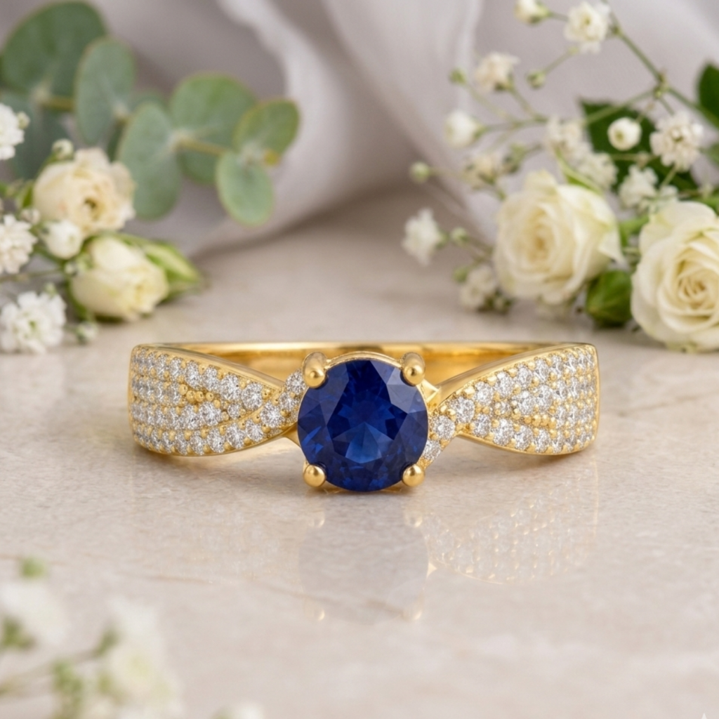 22k Gold Vermeil Blue Sapphire Solitiare Engagement Ring