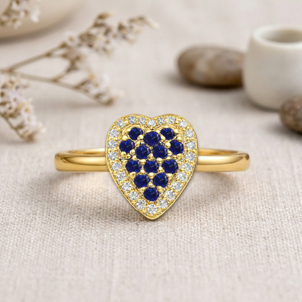 22k Gold Vermeil Blue Sapphire Fashion Heart Ring