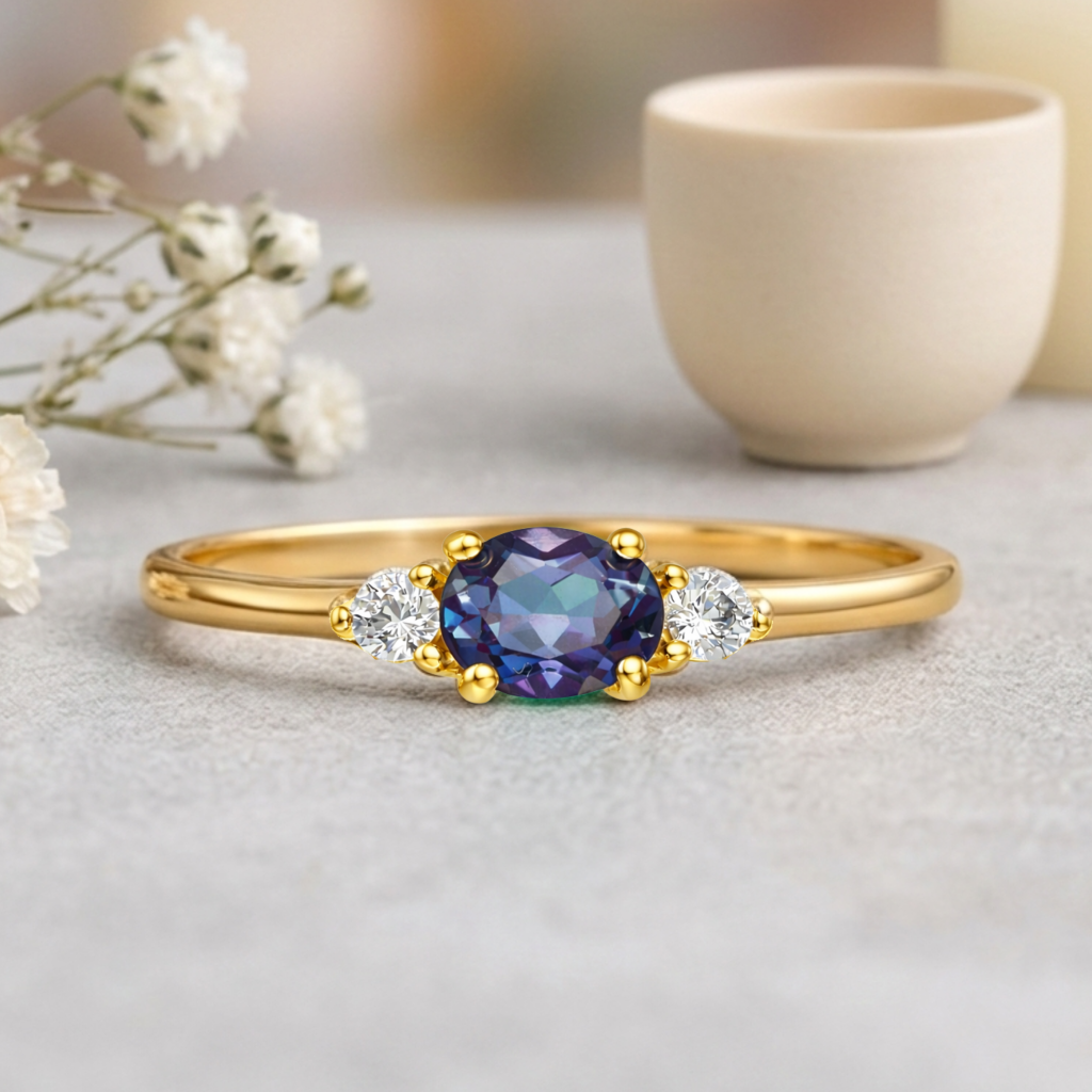 22k Gold Vermeil Alexandrite Oval Three Stone Ring