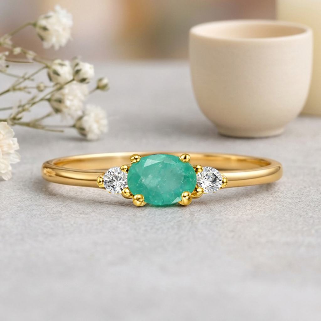 22k Gold Vermeil Emerald Oval Three Stone Ring Fine Color Jewels