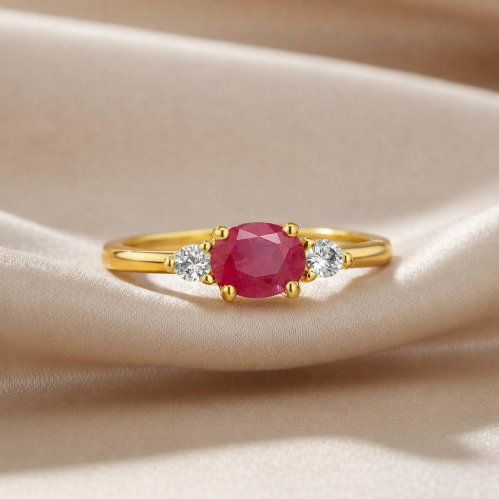 0.45 Ct Oval Red Ruby 22k Gold Vermeil Ruby Oval Three Stone Claw Ring