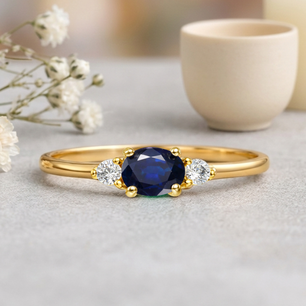 22k Gold Vermeil Blue Sapphire Oval Three Stone Ring