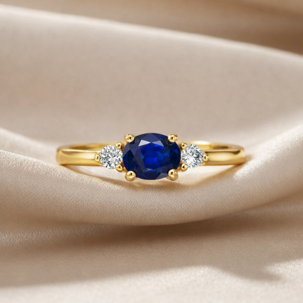 0.53 Ct Oval Blue Sapphire and White Sapphire Prong 22k Gold Vermeil Three Stone Promise Ring