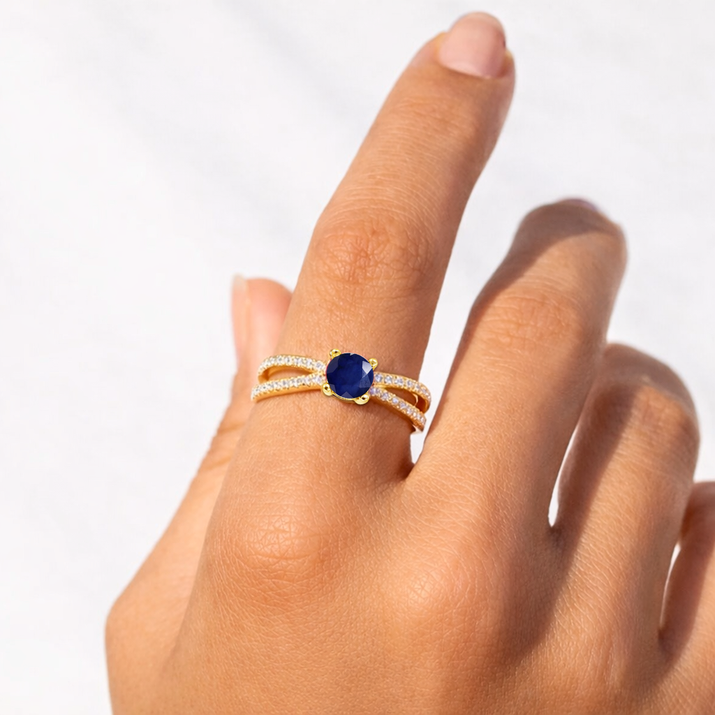 22k Gold Vermeil Blue Sapphire Split Band Engagment Ring Fine Color Jewels